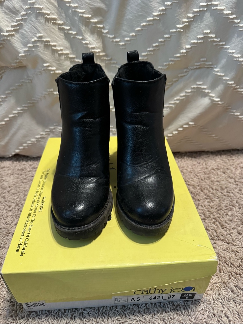 Cathy Jean Black Leather Lug-Sole Ankle Booties